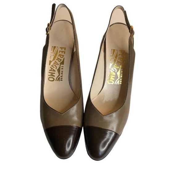 Salvatore Ferragamo Taupe & Brown Classic Sling Black Heals Size 6 1/2 AA NIB